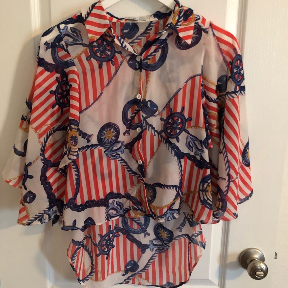 S. Line Flowy High Low Button Blouse